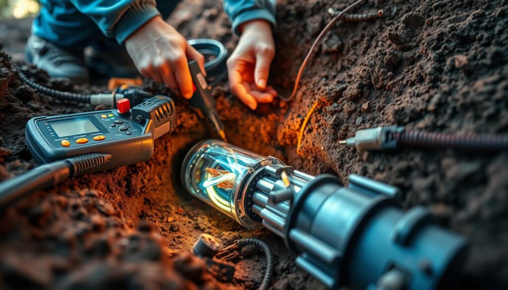 A detailed examination of an underground electrical cable, showcasing its internal structure and highlighting potential fault points. The scene depicts a technician meticulously inspecting the cable, with various testing equipment and tools surrounding the exposed section. The lighting is a combination of natural daylight filtering through the soil and focused task lighting, creating a contrast that emphasizes the intricate details of the cable's construction. The camera angle is slightly elevated, allowing for a comprehensive view of the inspection process. The overall mood is one of technical precision and the importance of thorough diagnostics in maintaining the integrity of underground infrastructure.