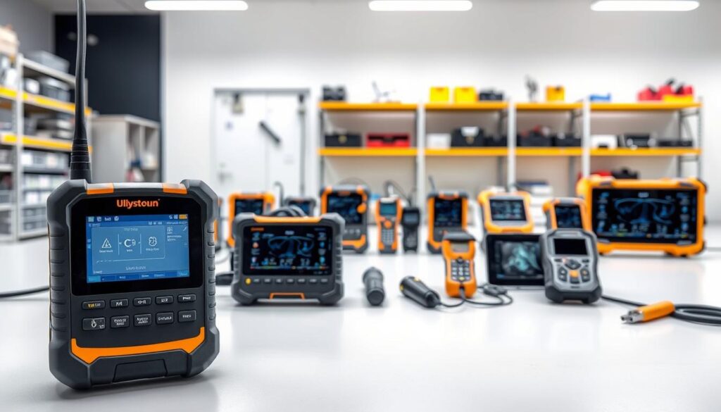 A highly detailed, technically accurate image showcasing a variety of ultrasound cable fault detection devices commonly available in the Saudi Arabian market. Prominently featured in the foreground, a sleek, modern cable fault locator with a large digital display and intuitive controls. In the middle ground, an array of similar devices in various shapes and sizes, including handheld models and tabletop units. The background depicts a clean, well-lit laboratory or workshop setting, with shelves of additional equipment and tools. The overall scene conveys a sense of precision, functionality, and professional grade cable testing solutions.