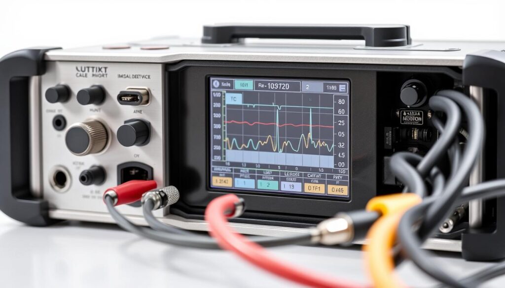 Detailed high-resolution image of a professional-grade cable fault detector device. Sleek metallic body with digital display, knobs, and ports. Cutaway view revealing its internal components and circuitry. Cables of various gauges and colors connected to the device, with diagnostic data visualizations on the screen. Soft lighting illuminates the scene, creating depth and highlighting the technical details. A sense of precision and functionality pervades the composition, underscoring the importance of cable fault detection in electrical infrastructure. Detailed high-resolution image of a professional-grade cable fault detector device. Sleek metallic body with digital display, knobs, and ports. Cutaway view revealing its internal components and circuitry. Cables of various gauges and colors connected to the device, with diagnostic data visualizations on the screen. Soft lighting illuminates the scene, creating depth and highlighting the technical details. A sense of precision and functionality pervades the composition, underscoring the importance of cable fault detection in electrical infrastructure.
