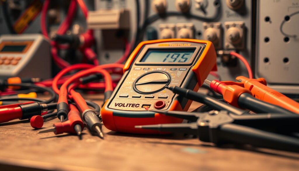 A detailed close-up view of a multimeter and electrical testing tools on a workbench, illuminated by warm lighting. The multimeter's display shows voltage readings, and various probes, wire cutters, and other diagnostic equipment are arranged neatly around it. The image has a professional, technical atmosphere, showcasing the intricate tools and instruments used for electricity troubleshooting and repair.