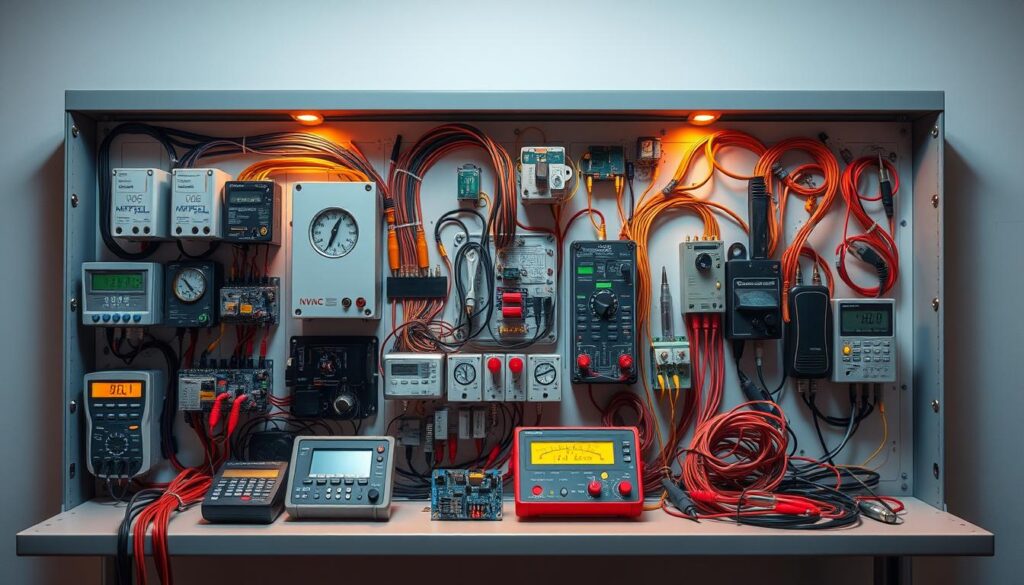 A technical diagnostic panel displaying various electrical components and circuitry, illuminated by warm, focused lighting. The panel showcases an array of electrical devices, meters, and testing equipment, conveying a sense of precision and expertise in electrical fault detection. The background is clean and uncluttered, allowing the viewer to focus on the intricate details of the diagnostic tools. The overall composition creates a professional, informative, and visually engaging representation of electrical troubleshooting and repair.