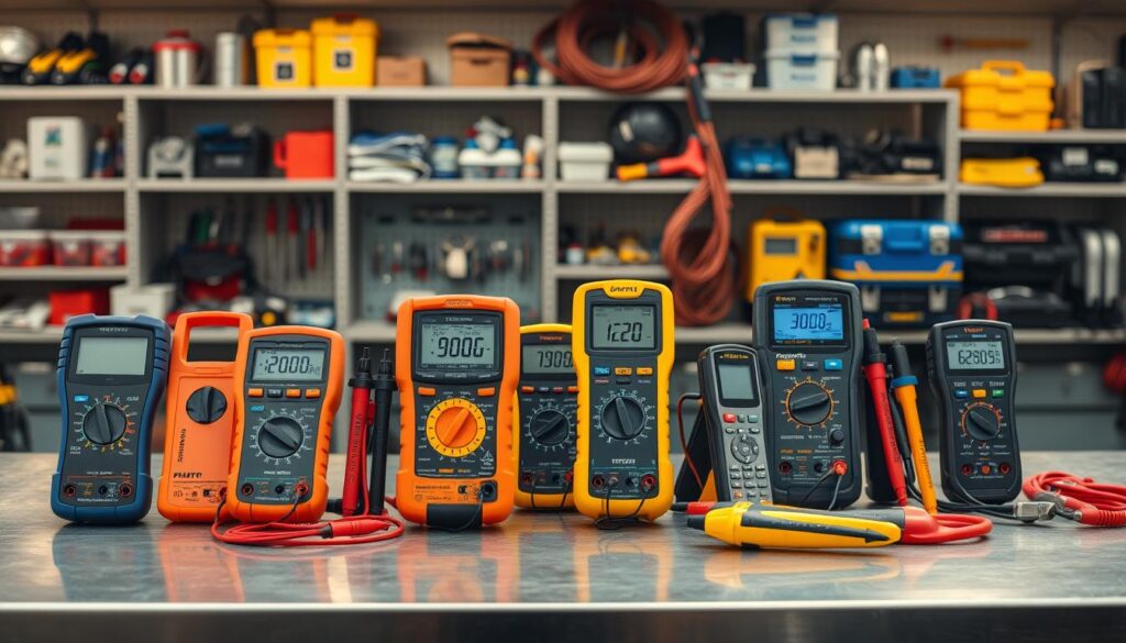 A vibrant display of electrical testing devices in a well-lit workshop setting. An array of multimeters, circuit testers, and voltage detectors arranged on a metal workbench. The instruments feature sleek, modern designs with LCD screens and intuitive controls. Warm lighting casts soft shadows, highlighting the precision engineering and attention to detail. The background showcases shelves filled with spare parts and toolkits, conveying a sense of a comprehensive electrical diagnostics solution. The composition emphasizes the functionality and versatility of the equipment, inviting the viewer to envision their application in troubleshooting electrical systems.